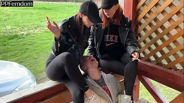 Show Two Smoking Bitchy Girls Use Submissive Guy Like A Human Ashtray and Human Spittoon Slave On Public my Movies