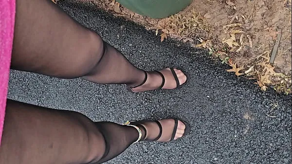 Hiển thị Renee` wearing black pantyhose, rainbow anklet, high fuck me heels, pink sparkley mini dress in public, outdoors Phim của tôi